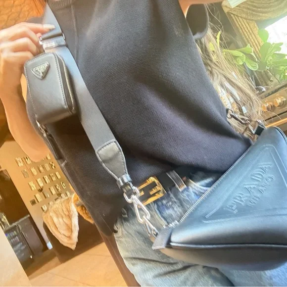 Genuine vegan leather PRADA Black triangle Sling Bag with detachable Logo mini - Picture 12 of 13